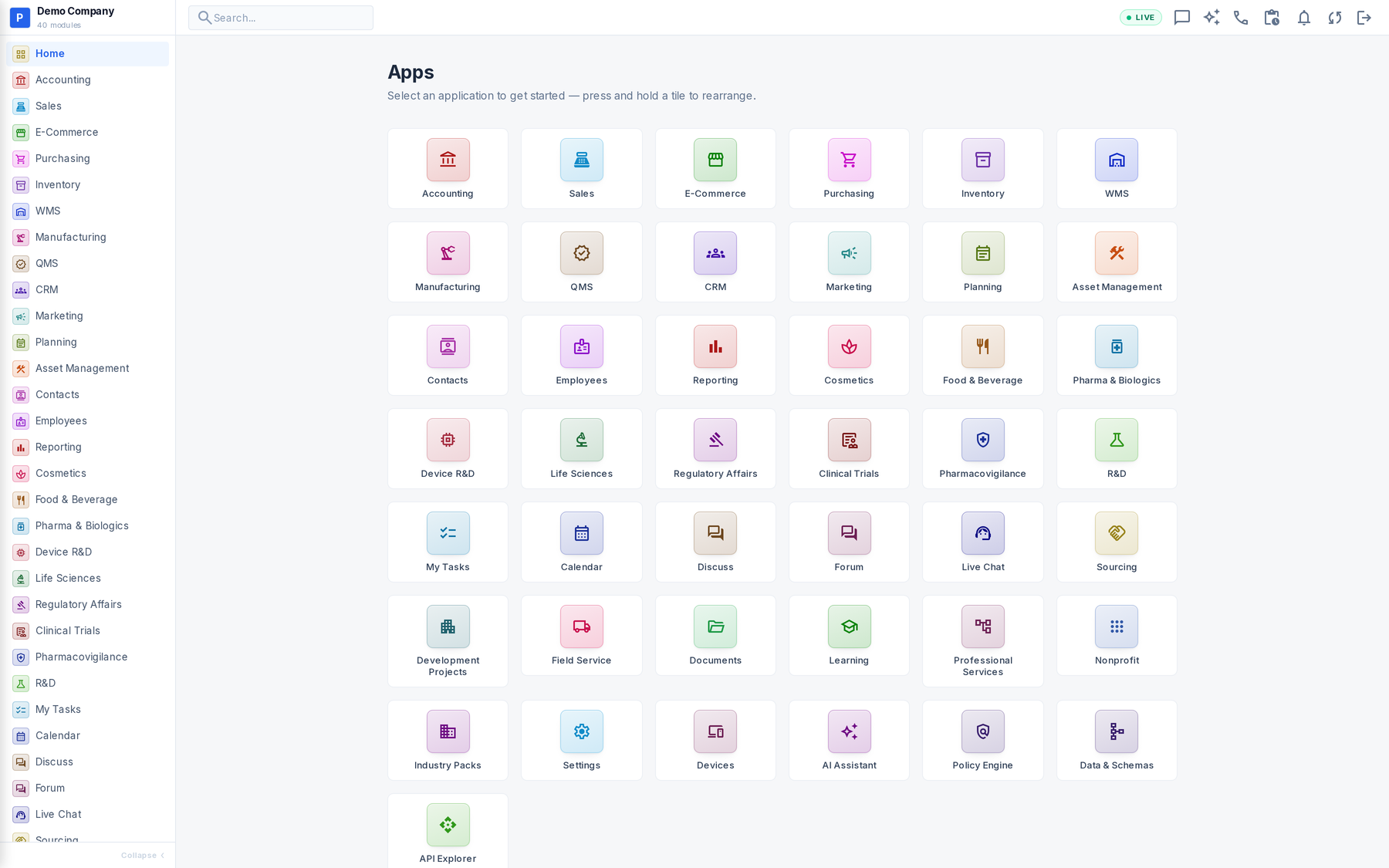 The Operenta app launcher — accounting, sales, WMS, manufacturing, QMS, cosmetics, food & beverage, pharma and more, in one system