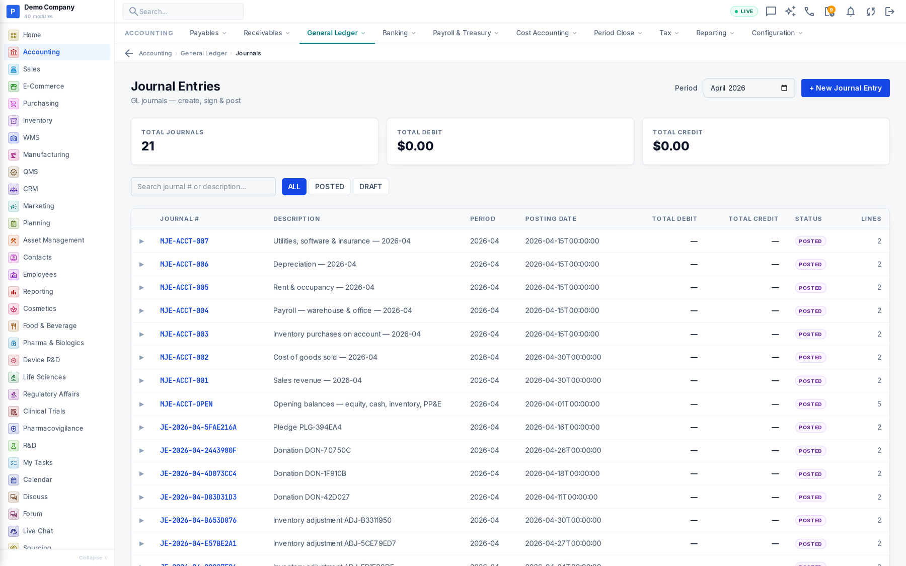 Accounting working screen
