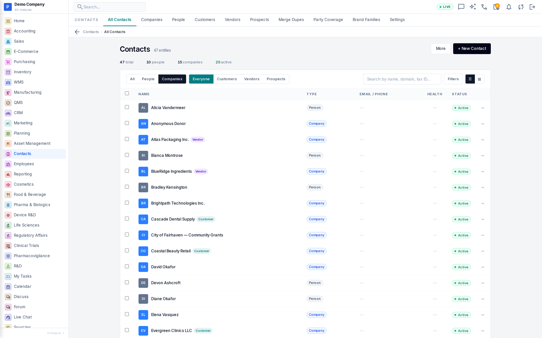 Contacts working screen