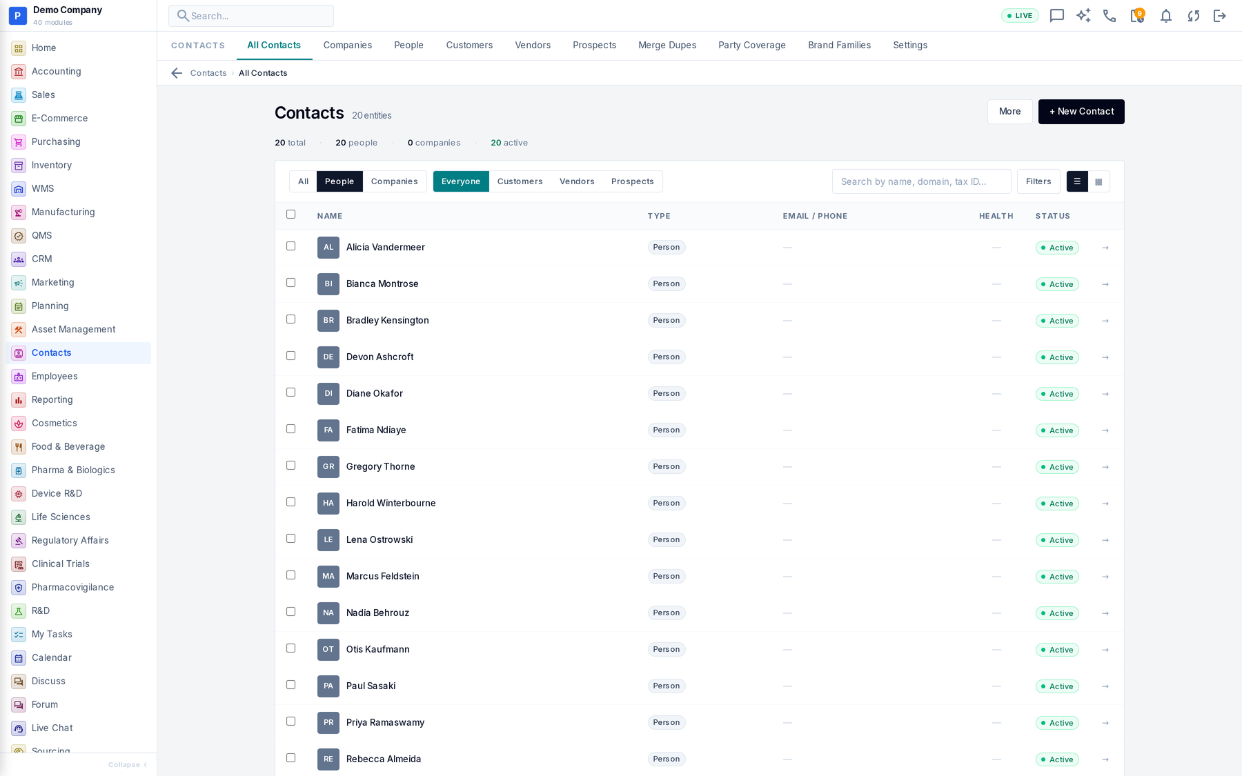 Contacts working screen