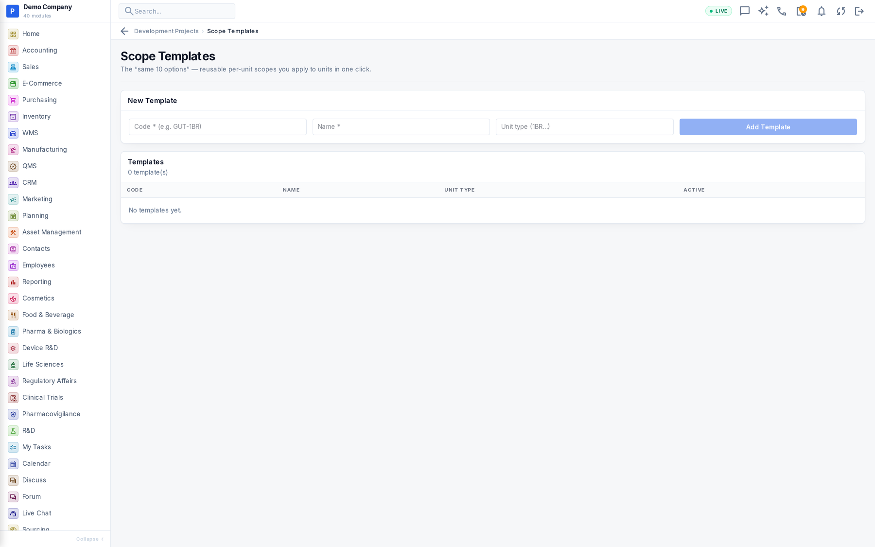 Development Projects working screen