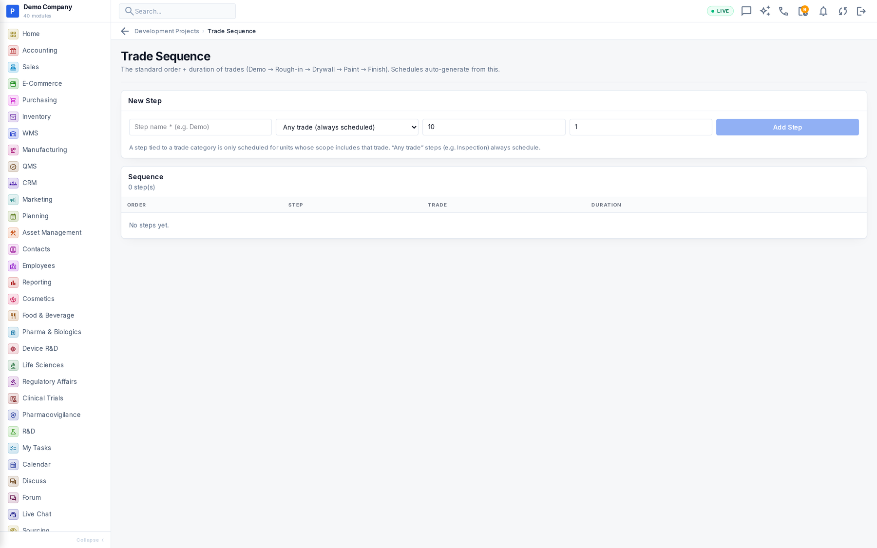 Development Projects working screen
