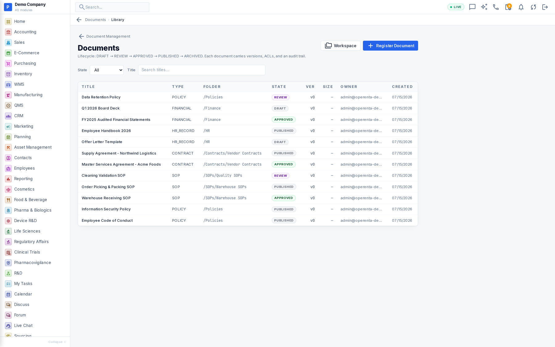 Documents working screen
