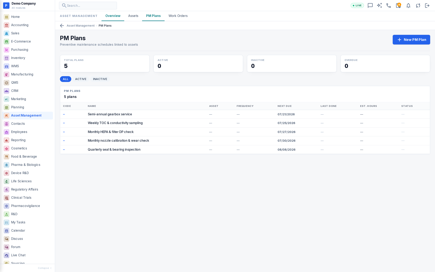 Asset Management working screen