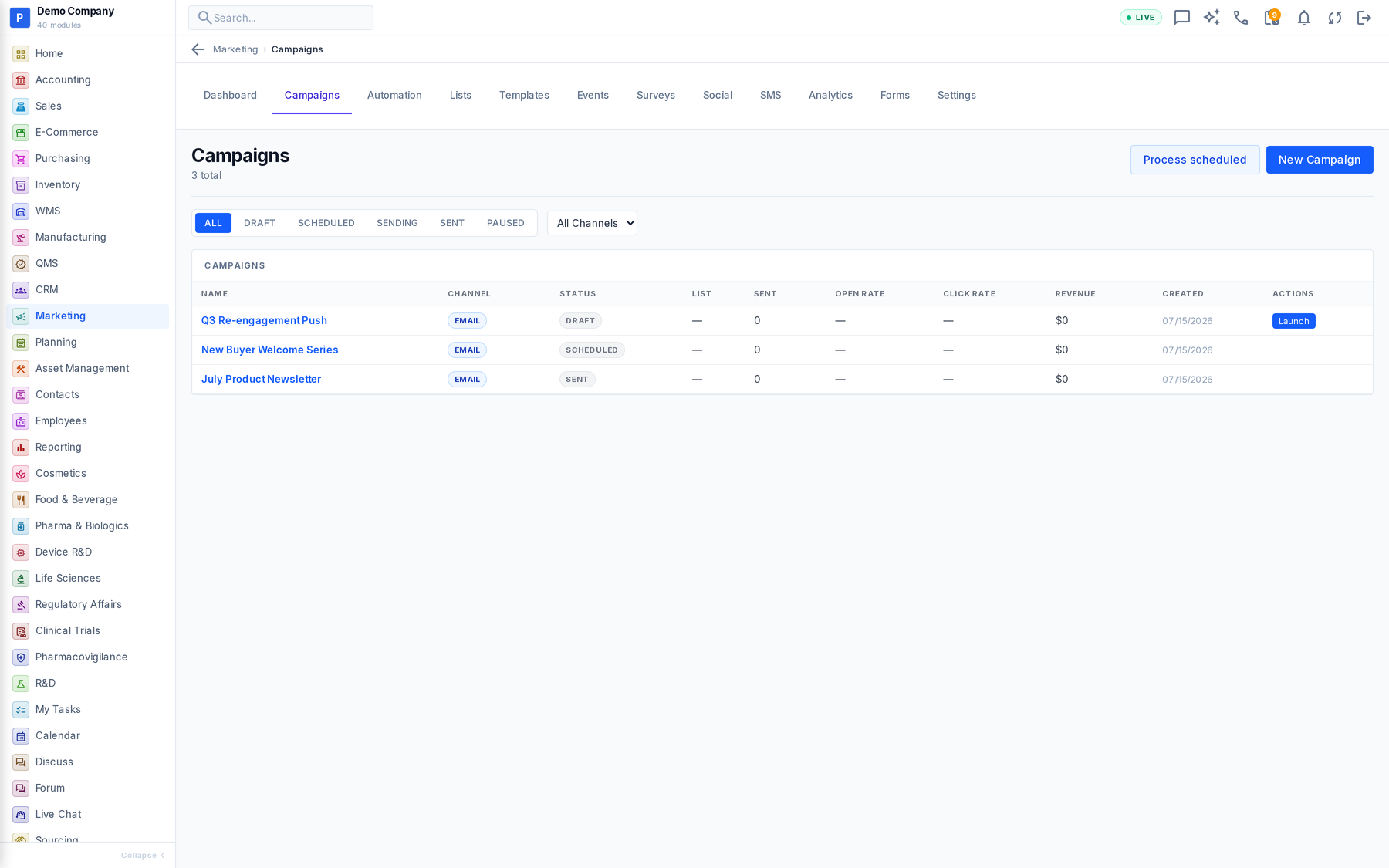 Marketing working screen