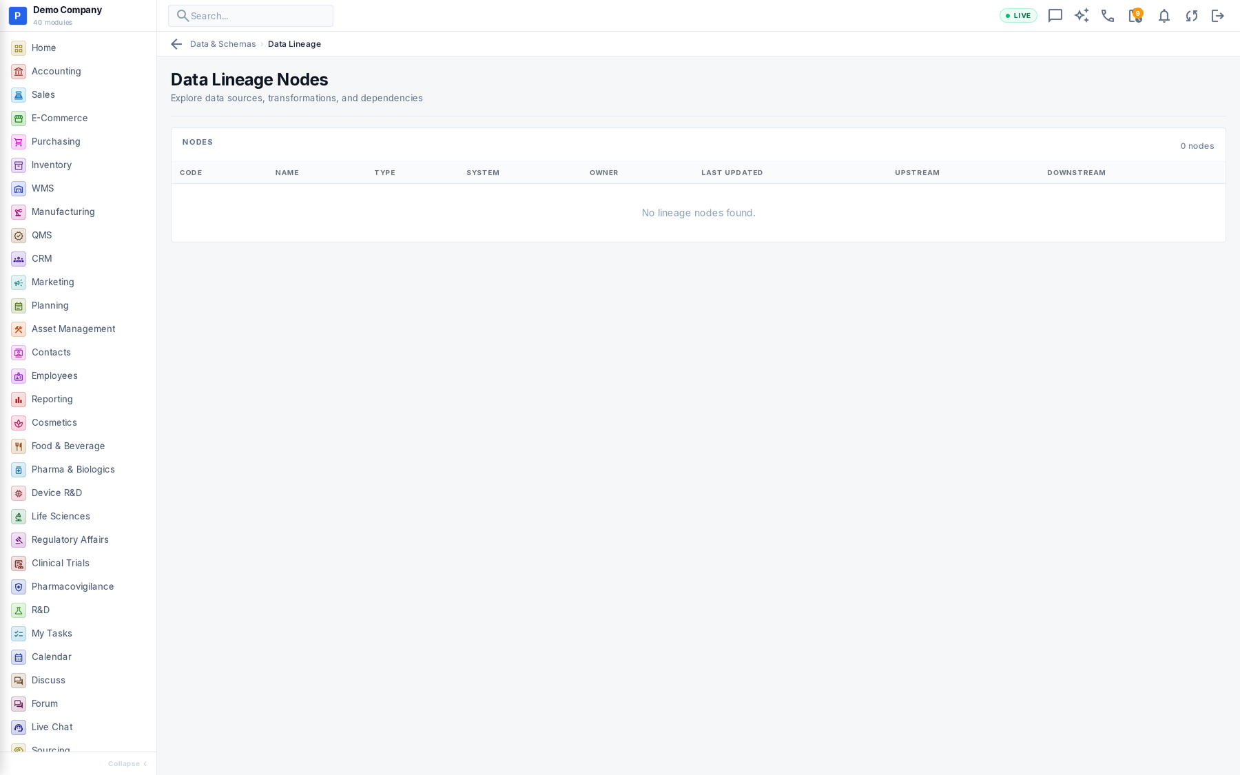 Data & Schemas working screen
