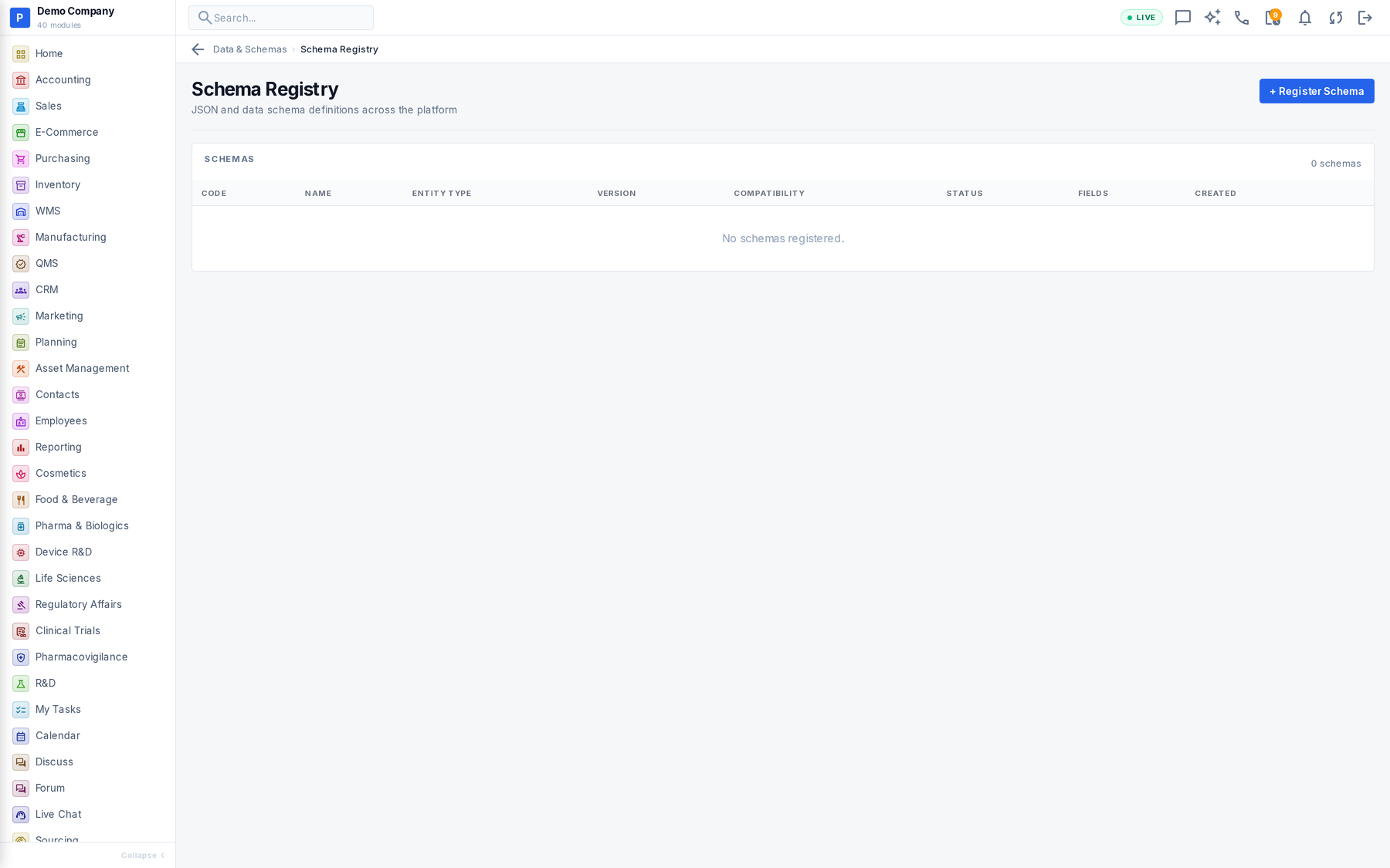 Data & Schemas working screen