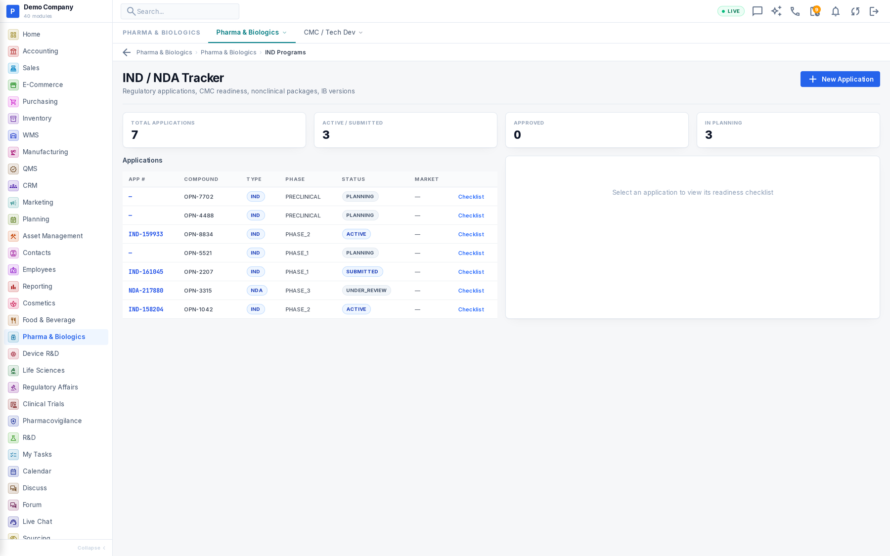 Pharma & Biologics working screen