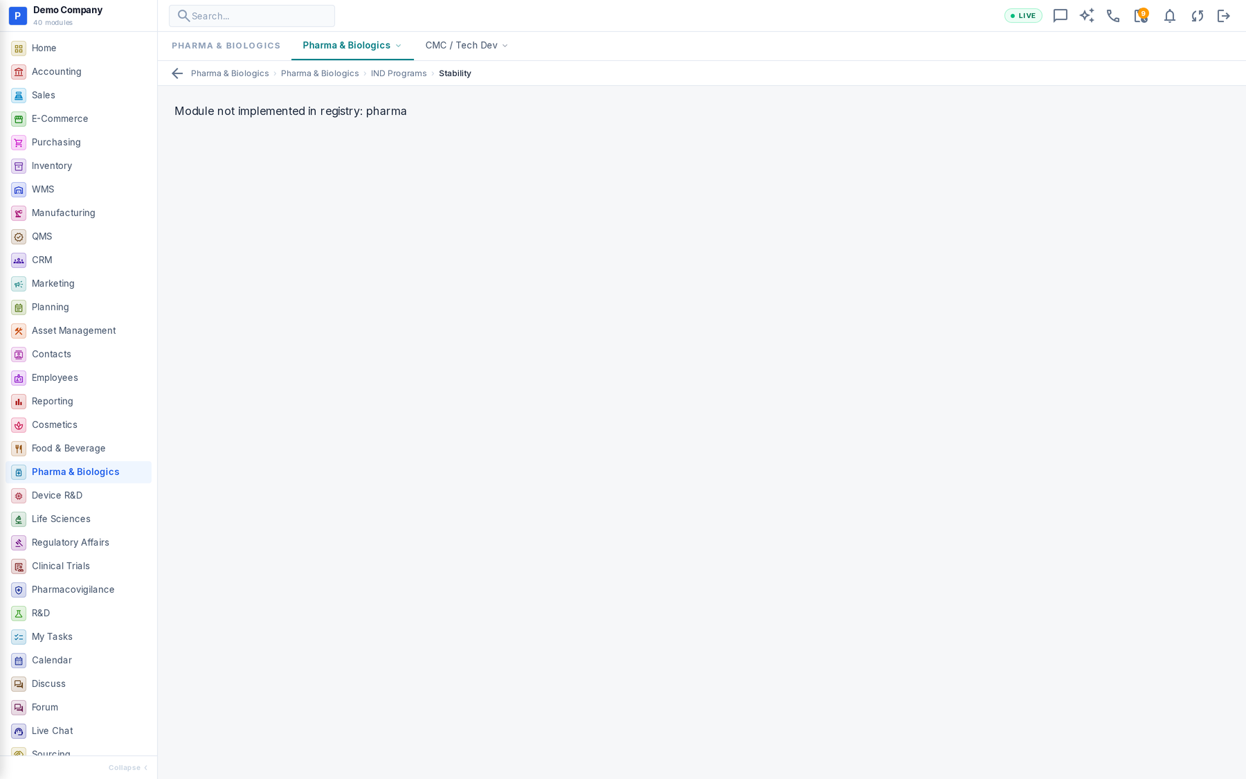 Pharma & Biologics working screen
