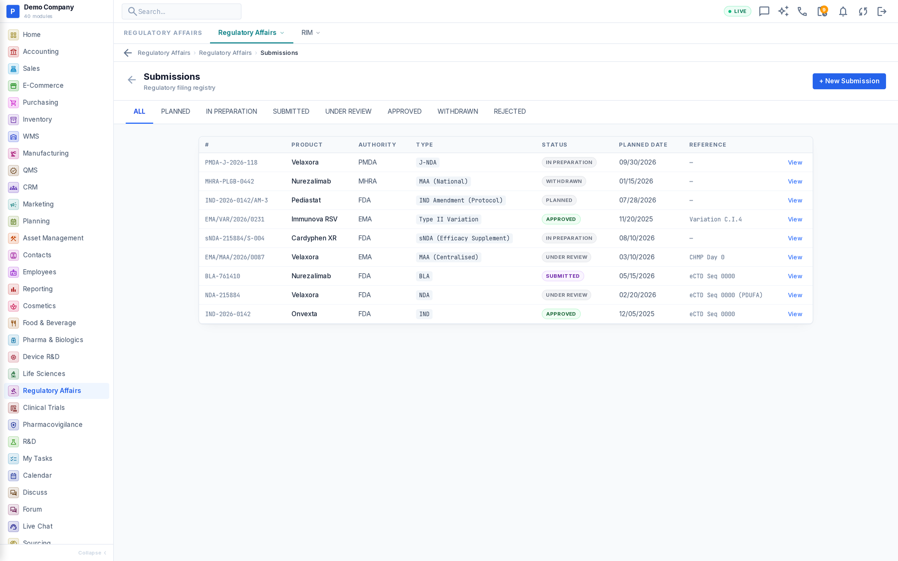 Regulatory Affairs working screen