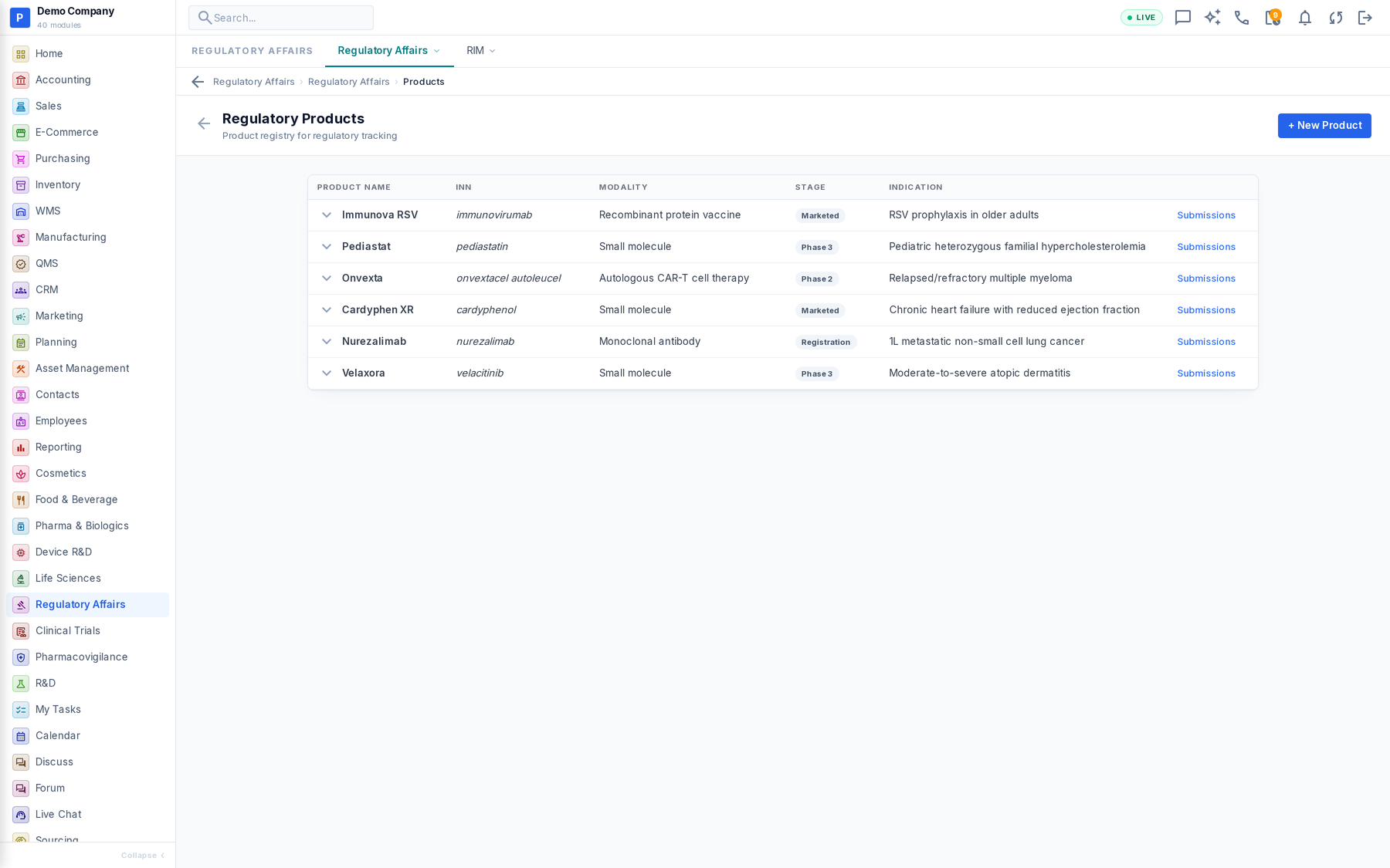Regulatory Affairs working screen