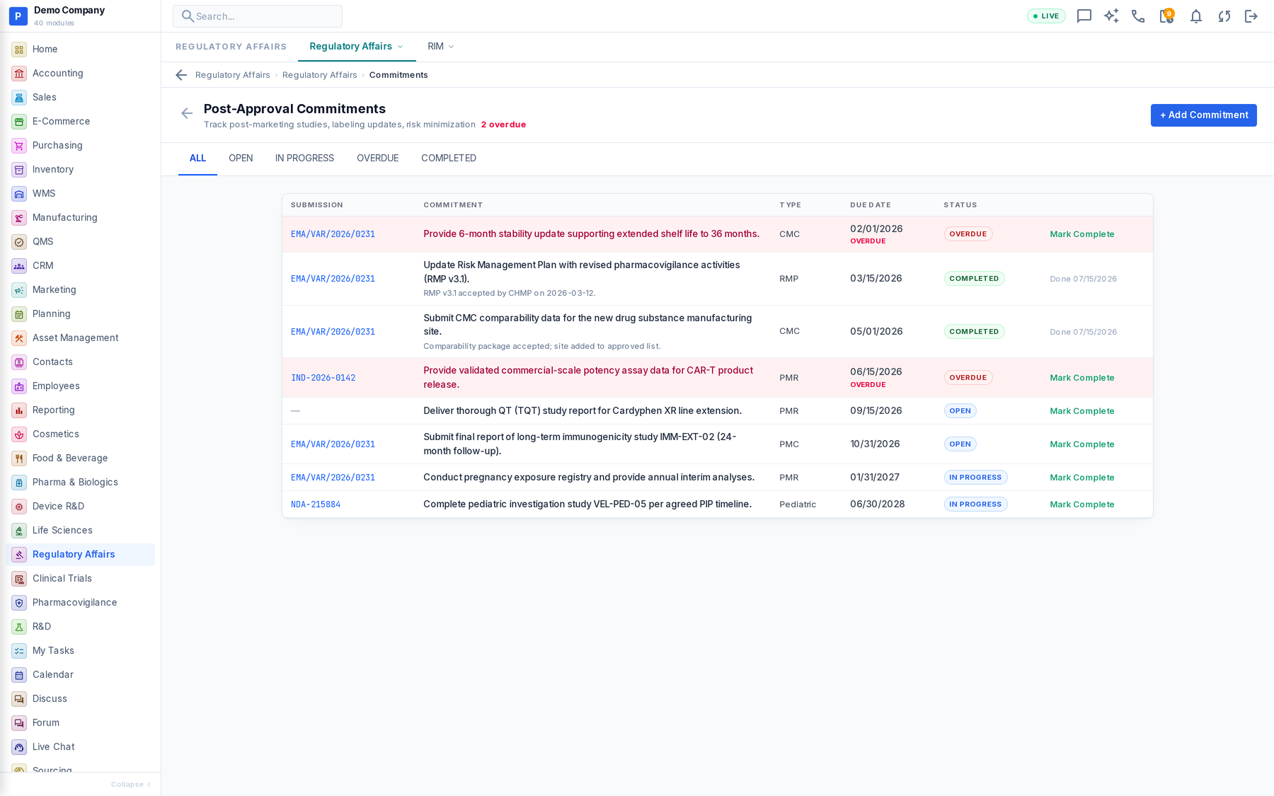 Regulatory Affairs working screen