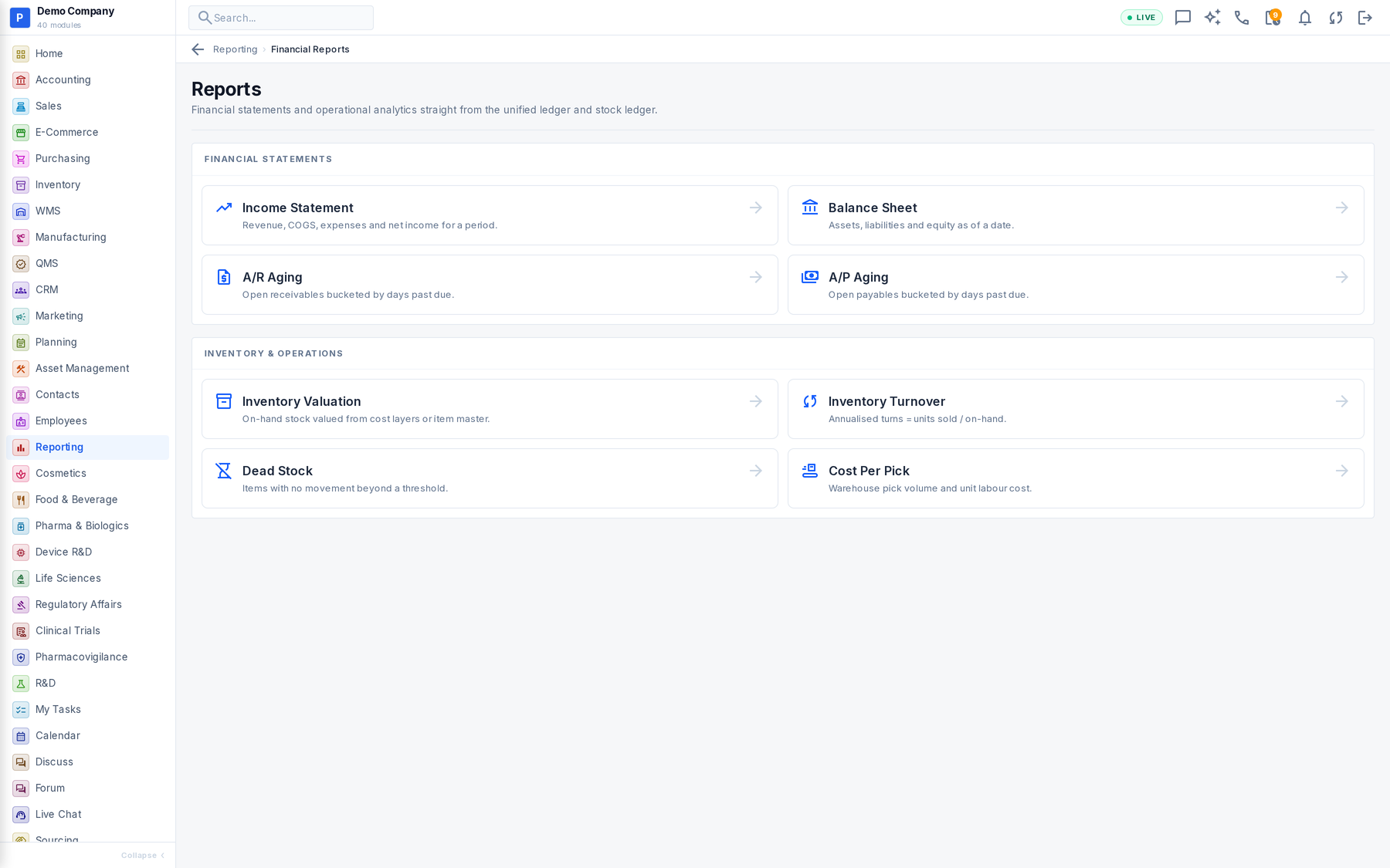 Reporting working screen