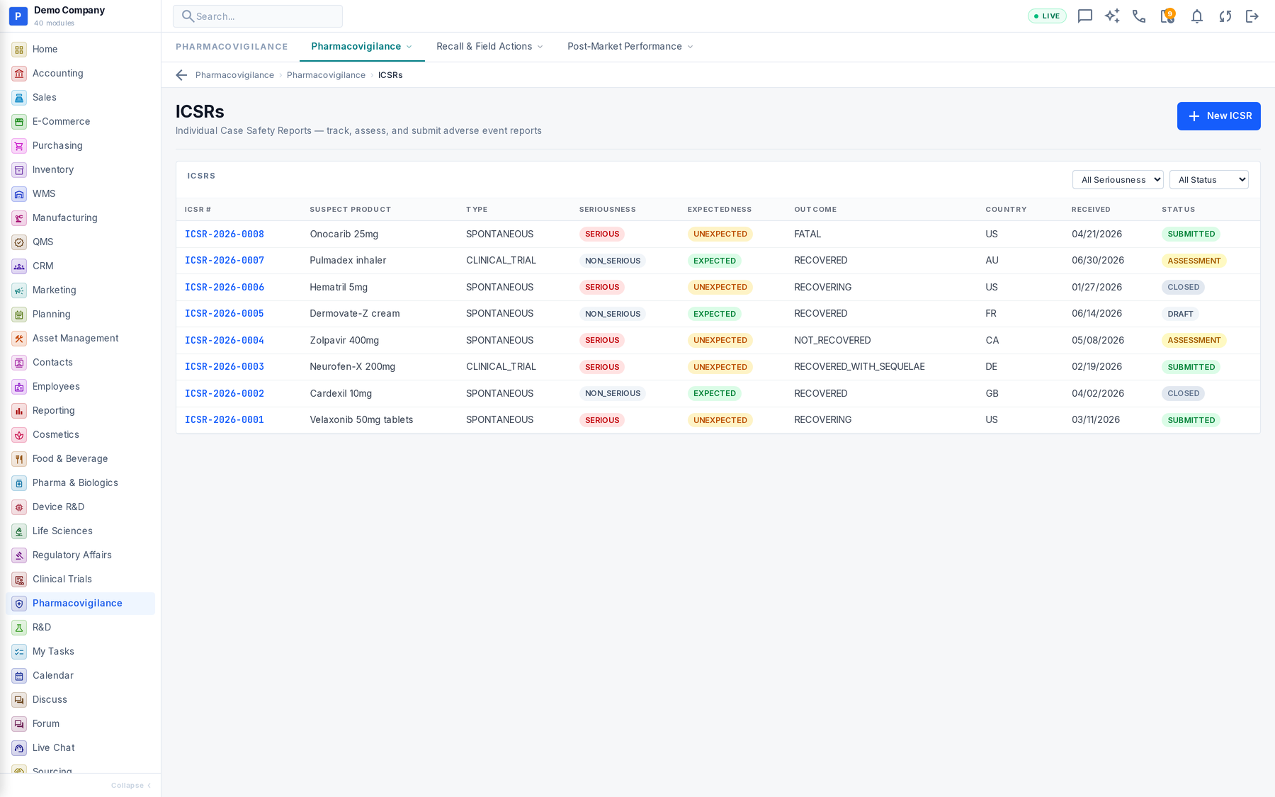 Pharmacovigilance working screen